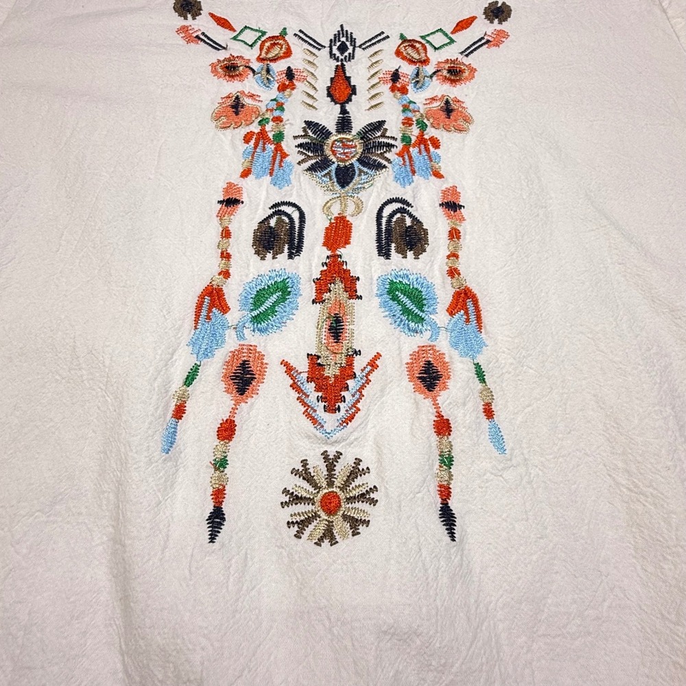 White Cotton Linen Embroidered Boho Short‎ Sleeve Top Sz M lightweight Oversized - Picture 3 of 10